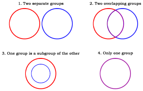 1. Two separate groups, 2. Two overlapping groups, 3. One group is a subgroup of the other , 4. Only one group.
